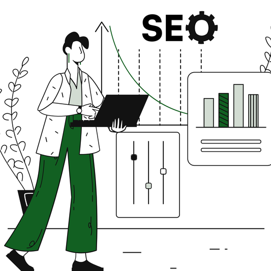 Illustration of a person adjusting SEO settings with charts and sliders, symbolizing a service for advanced SEO optimization.