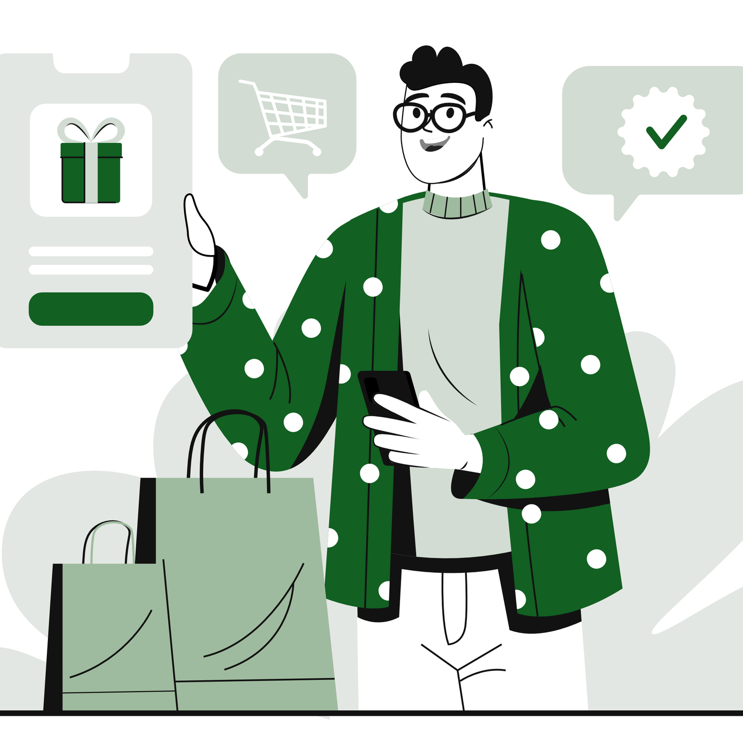 Illustration of a person shopping online with bags and a completed checkout, symbolizing a service for basic Shopify store setup.