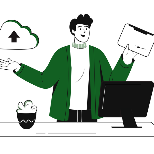 Illustration of a person performing a website audit with a desktop setup, symbolizing an audit service for website optimization.