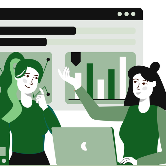 illustration of three individuals collaborating in front of a computer with charts and graphs, representing a service for developing a content strategy.