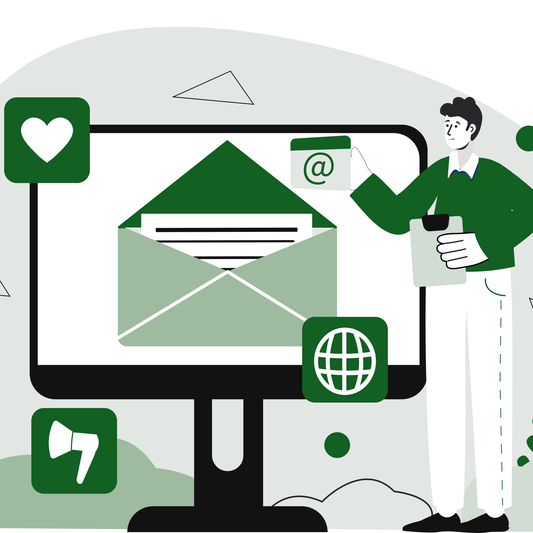 Illustration of a person standing in front of a screen displaying an email and social media icons, symbolizing a service for email marketing essentials.