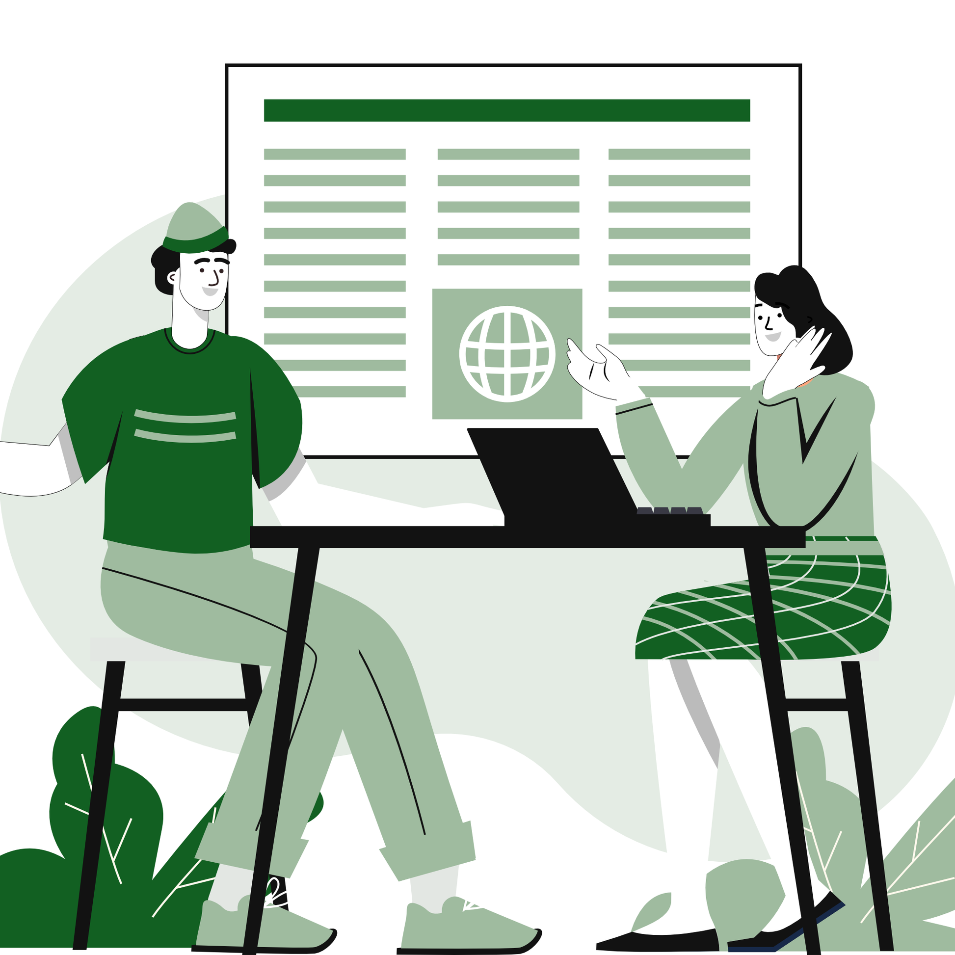 A minimalist illustration showing two individuals in a business meeting setting, with one person pointing to a large digital screen displaying a webpage and a globe icon. This image visually represents a professional consultation or strategy session related to SEO or digital marketing, aligning well with the "Boost Your Store’s Traffic and SEO with a Professionally Setup Blog" service. The theme colors are green and white, giving a modern and clean look.