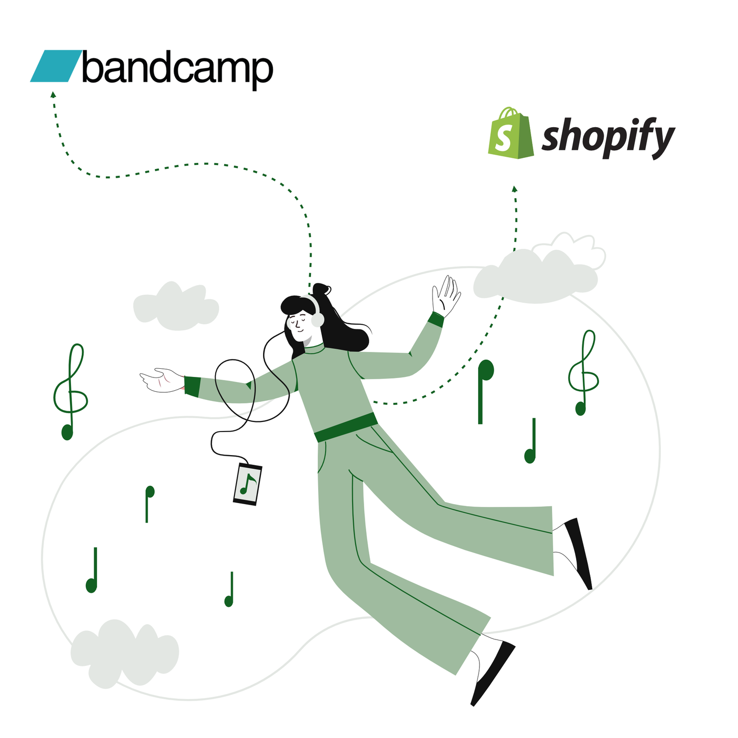 Illustration of a person transferring music content with a music note and Shopify logo, representing a service for moving from Bandcamp to Shopify.