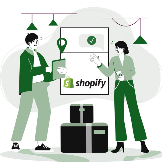 Illustration of two people discussing and planning with a Shopify logo in the background, representing a service to transfer an existing store to Shopify.