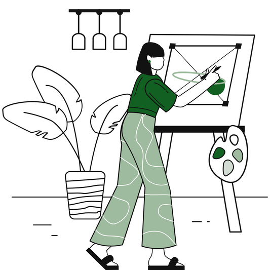 Illustration of a person designing a logo on a canvas, symbolizing a complete branding and logo design service.