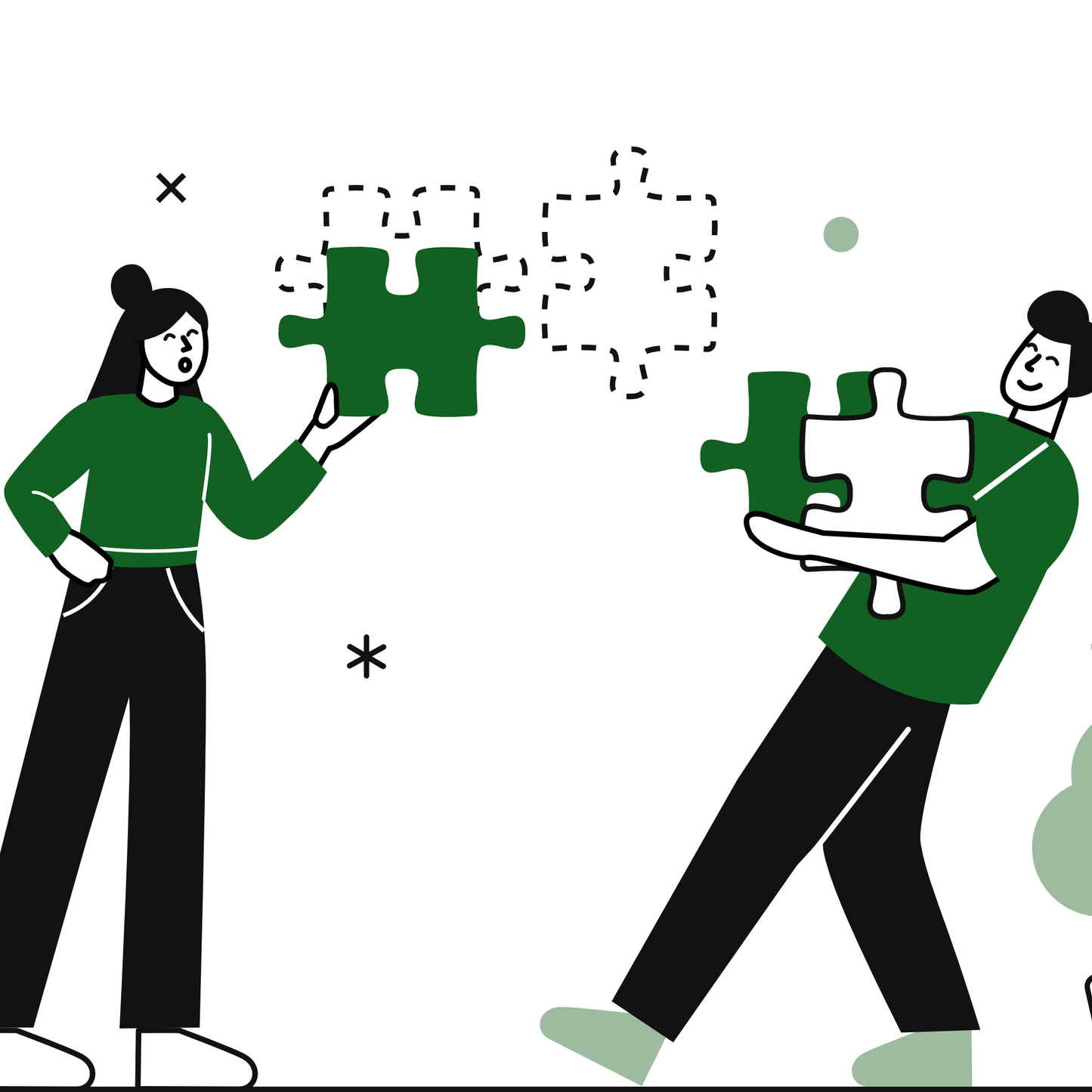 Illustration of two individuals working on a Shopify app interface with tools and a laptop, symbolizing a service for Shopify app integration and setup.