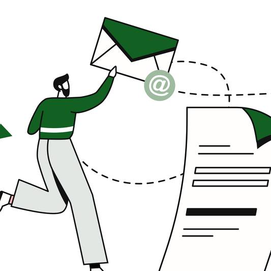 Illustration of a person holding a large email envelope with a digital letter, representing a service for setting up email marketing in Shopify.