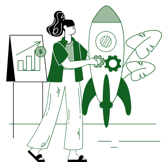 IIllustration of a person launching a rocket with a graph indicating rising metrics, symbolizing a social media kickstarter service to boost online presence.